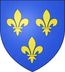 Armoiries blasonnées "D'azur à trois fleurs de lys d'or 2 et 1".