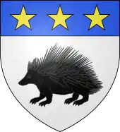 Blason d'argent au porc-épic de sable, au chef d'azur chargé de trois étoiles d'or.