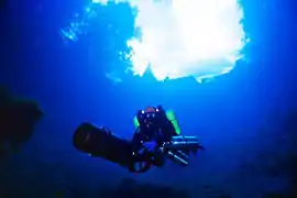 Plongée dans le Blautopf, résurgence vauclusienne du Jura souabe, Allemagne.