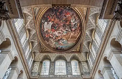 Plafond de la grande salle avec le duc de Marlborough présentant le plan de la bataille de Blenheim à Britannia, peint en 1716 par Sir James Thornhill.