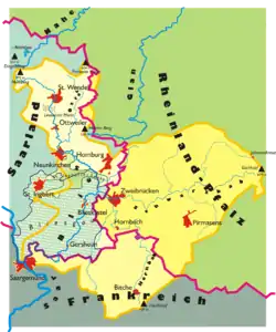 Carte représentant le bassin de la Blies.Bliesbruck est située dans le bas de la carte, à l'endroit où la rivière rentre sur le territoire français.