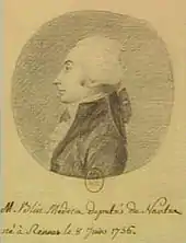  Portrait, dessin au crayon noir montrant le profil de Blin avec un long nez et une perruque blanche ; en bas, inscription manuscrite identifiant Blin avec sa qualité de médecin, de député, et sa date de naissance.