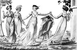 Gravure représentant une femme les yeux bandés et quatre autres femmes qui courent autour d'elle.