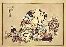 Illustration de la parabole de l'éléphant et des moines aveugles par Hanabusa Itcho (xylographie, mouvement ukiyo-e, 1888)