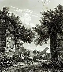 gravure noir et blanc : porte de forteresse dans la végétation