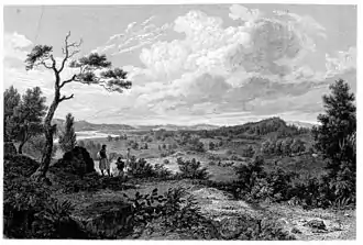 gravure ancienne, noir et blanc, paysage avec rivière et bergers
