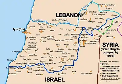 La ligne bleue, établie par les Nations unies après le retrait israélien du Sud du Liban.