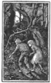 Dessin monochrome de deux enfants, le dos courbé, progressant sur un chemin forestier à la lueur de la lune.
