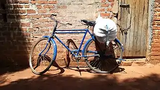 Transport de farine de maïs à bicyclette.