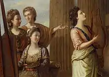 painting of four women grouped together with one holding musical instrument in her hands