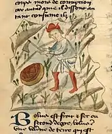 Dessin naïf d'homme portant une tunique blanche ombrée de bleu et des chausses et un chapeau rouges, équipé d'une houe, dans un champ ; devant lui, un récipient arrondi rempli d'une matière rouge.