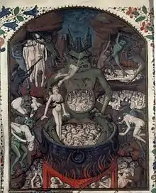 Dans l'Enfer, Lucifer, assis sur une marmite où se trouvent des damnés, en avale un d'entre-eux. Son ventre repus laisse voir qu'il en contient d'autres.