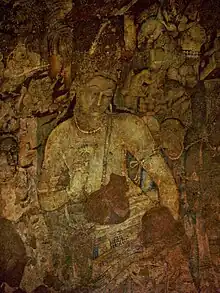 Le Bodhisattva Padmapani. Peinture à l'eau sur enduit. Vestibule du vihâra, caverne 1. Ajanta, fin Ve siècle.