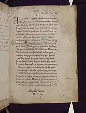 Une page de parchemin couverte de texte manuscrit en vieil anglais