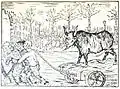 Gravure figurant un bœuf cornu à tête humaine sur un char tiré par des hommes et des femmes