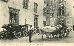 Photographie en noir et blanc d'une charrette tirée par des bœufs dans la cour d'un château.