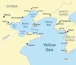 Carte de la mer Jaune avec le golfe de Bohai et la baie de Bohai à l'extrême ouest.