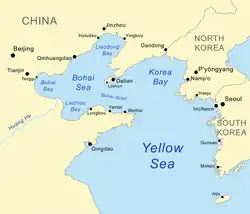 Carte anglophone de la mer Jaune avec la baie de Laizhou à l'ouest.