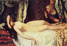 Photographie en couleurs d'un tableau présentant, sur un lit à baldaquins richement équipé, une femme brune nue et allongée, vêtue d'un voile transparent, et deux hommes qui s'approchent en entrouvrant le rideau du lit.