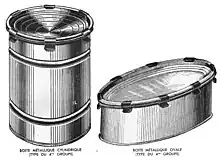 Dessin contrasté de deux boîtes de conserve, l’une haute et cylindrique, l’autre basse et ovale, dont le couvercle est fixé au corps par, respectivement, six et huit agrafes bien emboitées autour des rebords supérieurs.