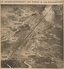 Dessin paru dans le no 228 de l’hebdomadaire Le Miroir le 7 avril 1918 pour relater les bombardements à longue distance de l'artillerie allemande sur Paris