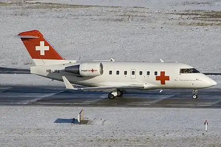 Bombardier CL-600-2B16 Challenger 604 (HB-JRB) à l'aéroport de Zurich-Kloten en 2009. Cet appareil a été retiré du service en 2018.