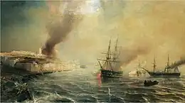 Les murs d'une ville incendiés à droite. Sur la mer à gauche, trois navires, un incendie près de deux d'entre eux, et la fumée d'une chaudière sortant de l'autre. Une chaloupe au premier plan.