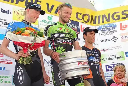 Podium de l'édition 2015 du Mémorial Philippe Van Coningsloo : Fredrik Strand Galta (2e), Robin Stenuit (1er) et Timothy Stevens (3e).