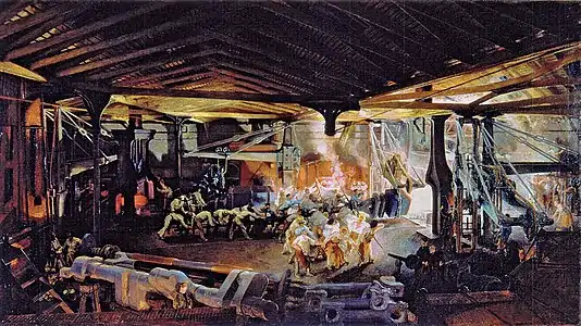 Forgeage au marteau-pilon dans les ateliers d’Indret de l’arbre coudé d’une frégate à hélice de 600 chevaux (1865), huile sur toile, Le Creusot, écomusée du Creusot-Montceau.