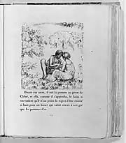 Page de livre avec un peu de texte et, au-dessus, le dessin d'un homme et d'une femme conversant et se tenant les mains dans un paysage bucolique