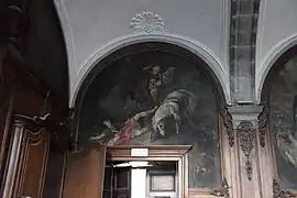 Photo couleur d'une peinture murale, la conversion de Norbert, première scène de la vie de Norbert de Xanten dans le réfectoire