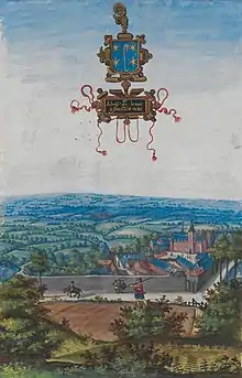 Dessin représentant l'abbaye de Bonne-Espérance vers 1600 dans les Albums de Croÿ. On y distingue le clocher gothique à côté d'autres bâtiments aujourd'hui disparus.