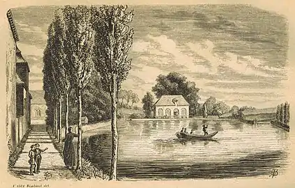 Gravure imprimée en 1857 représentant une vue de l'étang et du moulin.