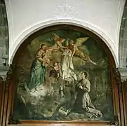 Photo couleur d'une peinture murale, l'Apparition de la Vierge à Norbert, deuxième scène de la vie de Norbert de Xanten dans le réfectoire.