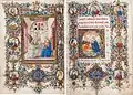 Double page avec une miniature de l'Annonciation et une lettrine de la nativité.