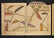 Feuillet de la Tabula Rogeriana, carte réalisée par le géographe marocain Al Idrissi en 1154. Les sources du Nil sont matérialisées en haut à droite par une chaîne de montagnes, les « monts de la Lune », qui alimentent deux lacs (le nord est en bas).