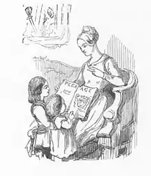 Gravure montrant deux enfants et une femme, les enfants tiennent un grand livre ouvert dans lequel apparaît le mot « Peerage ».