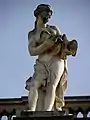 Vénus, déesse de l'amour ; attributs : elle est à moitié nue et 2 colombes s’embrassant dans ses mains ; Van den Drix.