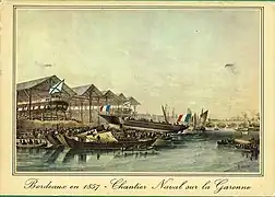 Chantier naval sur la Garonne, 1857.