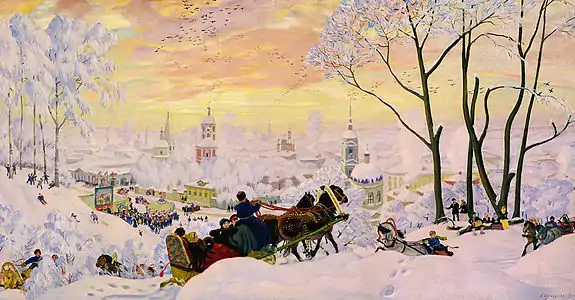 Maslenitsa à la galerie Tretiakov, 1916 /dimensions de cette copie par l'auteur : 62,7 × 125,2 cm.