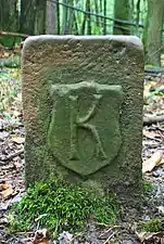 Photographie d’une pierre levée marquée d'un K majuscule au milieu d'une forêt.