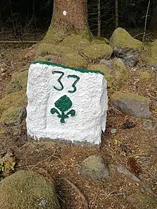 Borne délimitant la forêt domaniale de Murat. Gravée sur un rocher. Porte le numéro 33 et un motif de fleur de lys. Peinte en vert et blanc