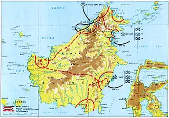Carte de Bornéo montrant les progrès de la campagne militaire à la mi-1945.