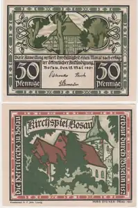 Billet de banque de nécessité allemand (recto et verso) de Bosau, d'une valeur de 50 pfennig (1921).