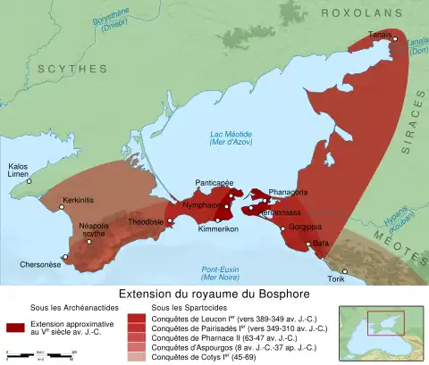 Extension du Royaume du Bosphore (en rouge clair à l'ouest) sous Pharnace II.