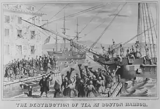 Gravure de la Boston Tea Party : des colons déguisés en indiens jettent des caisses de thé dans le port de Boston.