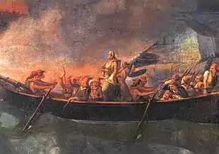 tableau XIXe : une barque avec une femme debout au centre, des rameurs et des hommes en armes