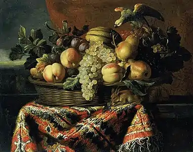 Nature morte au panier de fruits et perroquet après 1650, Coll. particulière