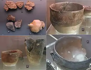 Céramiques, nécropole de Bougon.Néolithique ancien et moyen, Ve millénaire : 1, 2, 3. Néolithique récent, fin IVe millénaire: 4, 5, 6.