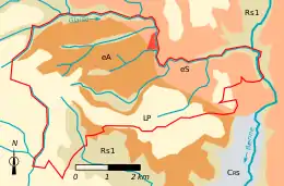 Vue d'une carte répartissant un territoire communal en grandes zones géologiques de couleurs différentes.